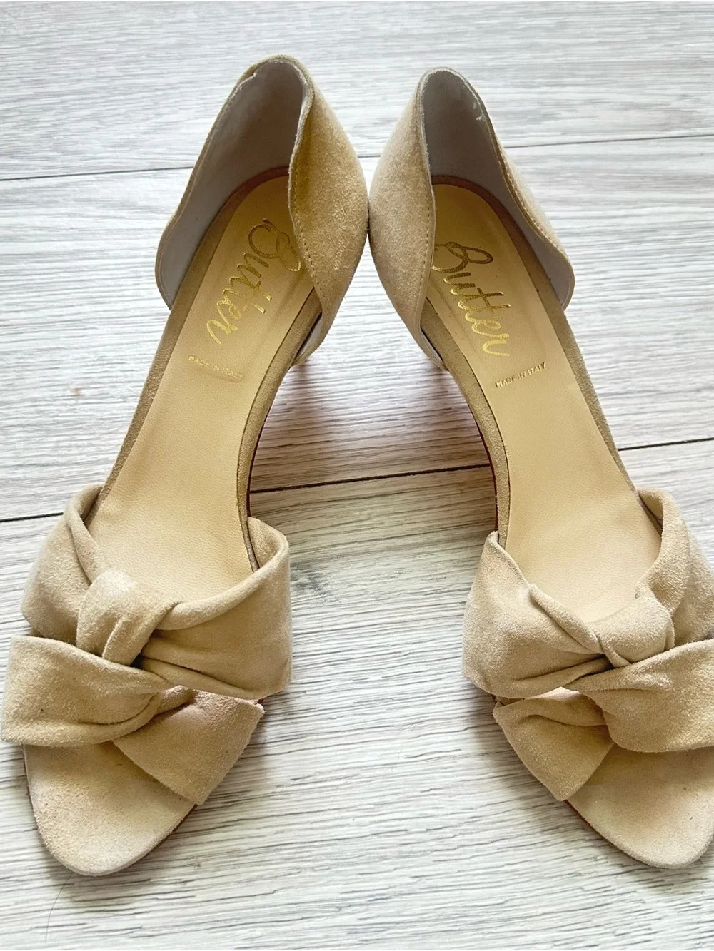 Butter Beige Suede Open Toe Heels Size 10